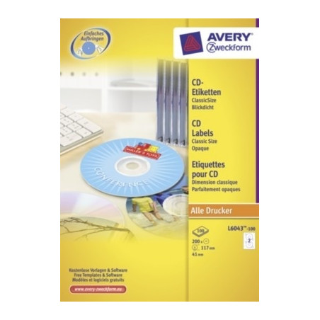 ETYKIETY AVERY NA CD ŚR.117mm L6043/100 200 etyk. BIAŁE  DUŻY OTWÓR 41mm